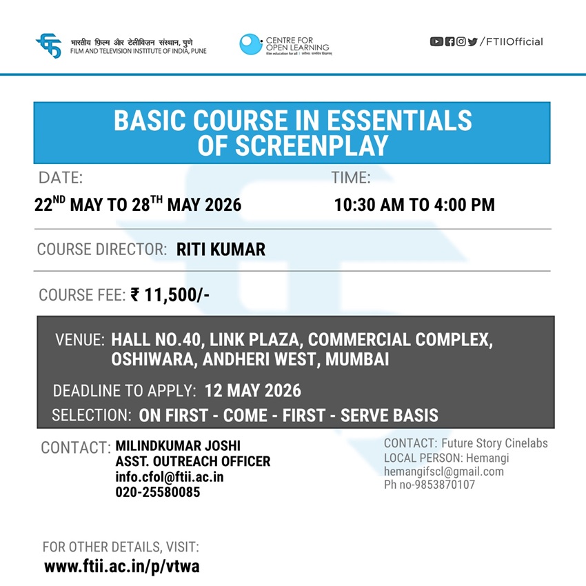 Basic Course in Essentials of Screenplay Writing  in Mumbai (22 - 28 May 2026)